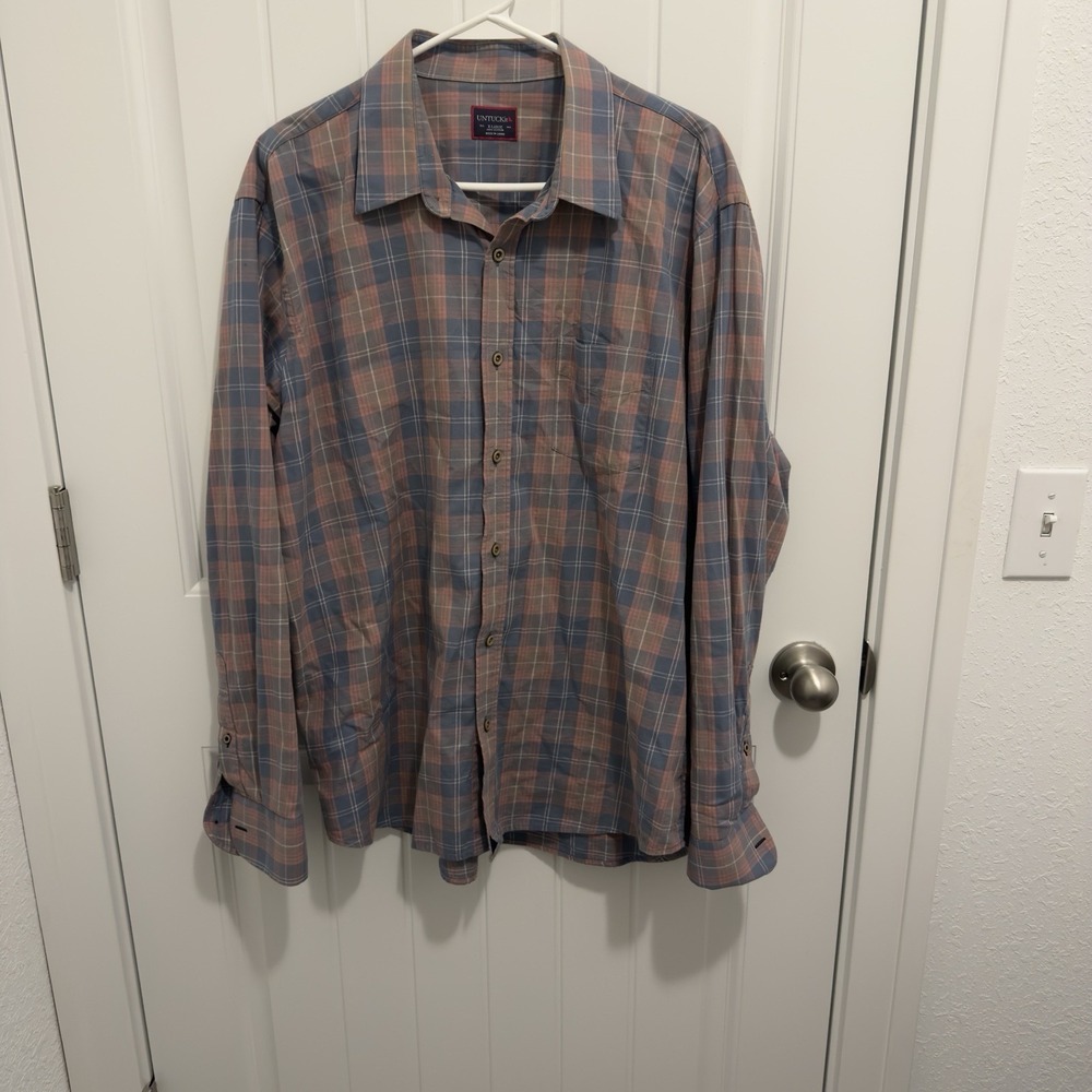 Untuckit Men's Long‎ Sleeve Button Up Shirt Pink Blue Plaid Size XL